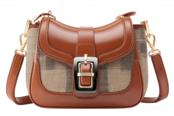 Elegant brown leather and fabric handbag with gold buckle isolated on transparent background