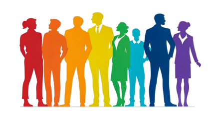 Colorful watercolor illustration of inclusive business group silhouettes, diversity concept, isolated transparent background.