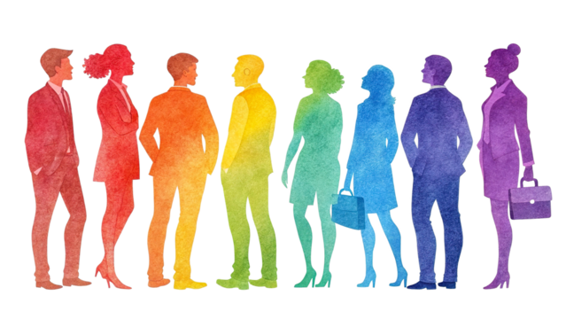 Business group in rainbow watercolor silhouettes, symbol of teamwork and inclusion, isolated transparent background.
