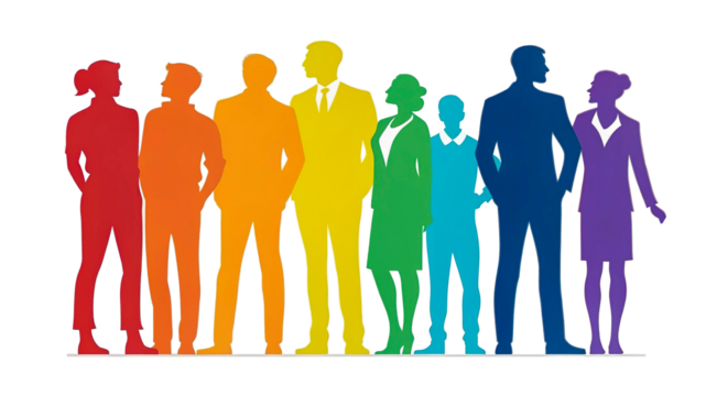 Colorful watercolor illustration of inclusive business group silhouettes, diversity concept, isolated transparent background.