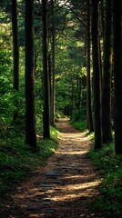 Obraz premium Sunlit Forest Path with Stone Stepping Stones woods