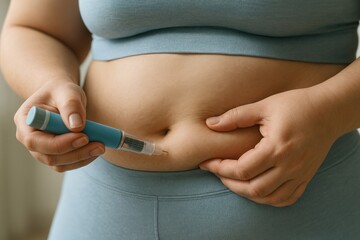 A plus-sized woman self-injects GLP-1medication using injector pen. Semaglutide treatment for weight loss. Faceless shot