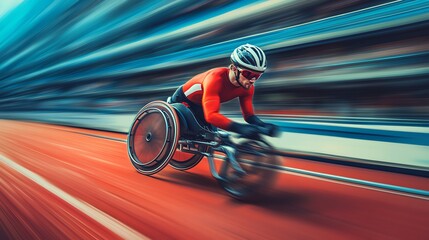 Athlete racing on wheelchair in motion blur.