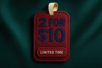Tag featuring 2 FOR $10 limited time offer, premium embossed style, enticing retail discount promotion.