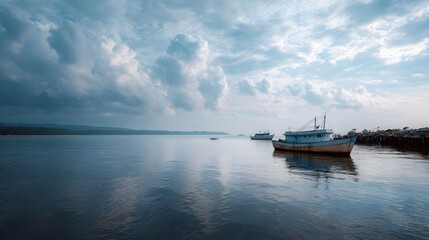 Naklejka premium Fishing boats gently drift on a calm reflective sea beneath a vast cloudy sky with a distant coastal landscape defining the horizon