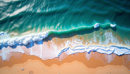 Fototapeta premium Aerial View of Turquoise Ocean Waves on Sandy Beach Symbolizing tranquility and comfort