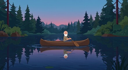 Senior Man Paddling Canoe on Calm Blue Lake at Dusk