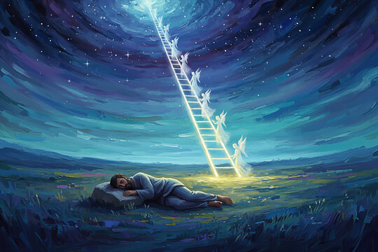 A beautiful illustration of Jacob's Ladder, the biblical story of his divine dream. Angels ascend and descend a stairway to heaven.