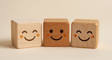 Three Smiling Wooden Cubes with Cheerful Expressions Simplicity and Positive Vibes.