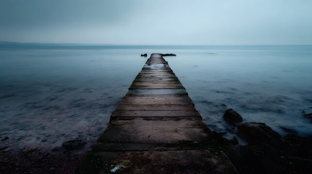 A long concrete pier extends into the calm grey sea under an overcast sky creating a serene and moody coastal landscape - Powered by Adobe