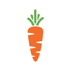 A simple flat vector icon of a bright orange carrot with a green leafy top, isolated on a white background.