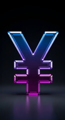 Obraz premium Glass yen symbol, blue and purple gradient, dark background, free space below, showcase, financial concept