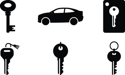 A collection of black and white icons featuring various keys and a silhouette of a car on a white background