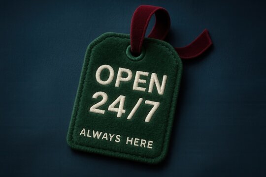 Tag with OPEN 24/7 ALWAYS HERE message, plush style, reliable retail availability offer.