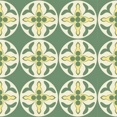 A seamless pattern of vintage floral ornaments. Green and yellow colors. Suitable for fabric, wall, floor, and other designs.