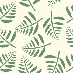 seamless pattern with green stems and leaves. cream background.