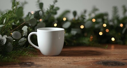 Obraz premium White Mug on Rustic Wooden Table with Holiday Greenery and Bokeh Lights.