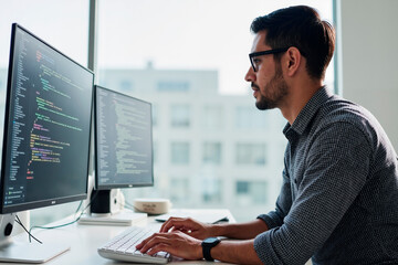 Young adult Asian man working at desk using dual monitors, typing code on computer keyboard, focusing on software development in modern office setting with large windows