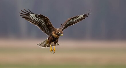 Majestic hawk soaring with outstretched wings, talons extended, showcasing incredible detail and natural hunting prowess in a serene outdoor environment