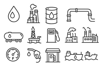Industrial oil and gas icons illustrating various components and processes related to energy production
