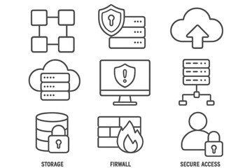 Illustration of digital security concepts including cloud storage, firewalls, and secure access methods for data protection
