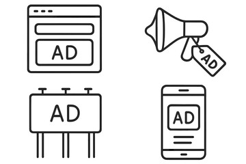 Digital marketing elements illustrate various advertising mediums in a modern context with icons featuring web, audio, billboard, and mobile formats