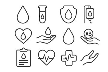 Health and wellness themed icons depicting blood donation and medical care in flat design style