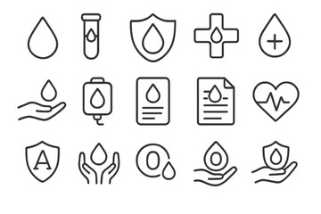 Icons representing health, medical care, and blood donation in a minimalist style, showcasing various elements related to healthcare and wellness