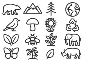 Collection of simple line drawings featuring wildlife, plants, and environmental symbols for nature themes