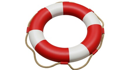 ​A white and red striped lifebuoy with a rope, a vital piece of safety equipment for swimming and boating