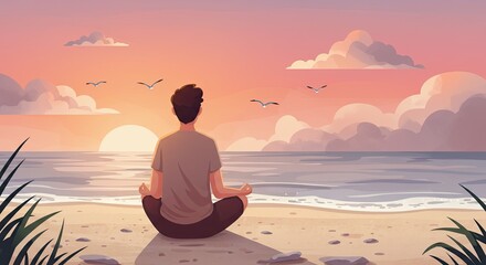 Meditating Man Silhouetted Against Peaceful Beach Sunset Scene