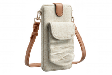 Stylish beige canvas phone bag with brown leather strap and pocket isolated on transparent background