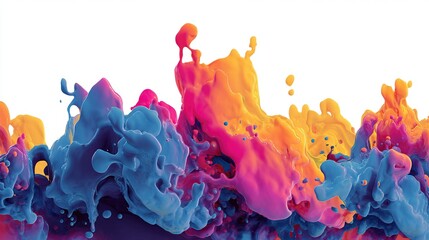 Vibrant, dynamic splashes of pink, orange, and blue liquid intermingle against a stark white backdrop, creating a visually striking, abstract composition