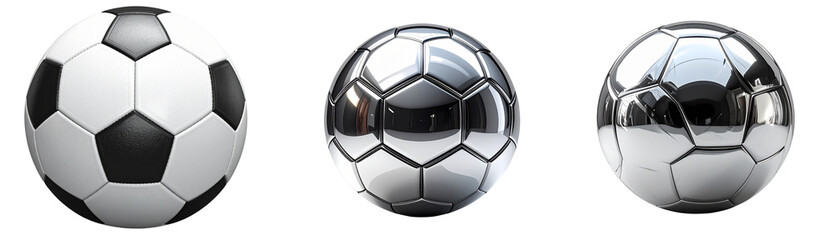 Set Of Futuristic Metallic 3D Soccer Ball with Glossy Finish and Dynamic Angle, Transparent Background