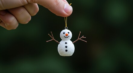 A tiny snowman figurine, with twig arms and a carrot nose, dangles from a slender finger, looking cheerful.