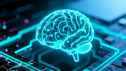 Hyper-real tech backdrop: a floating 3D circuit-mesh brain silhouette with neon lines and pulsing point nodes - Powered by Adobe