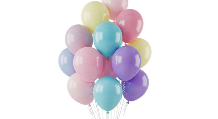 Pastel-colored balloons bunch, glossy surface, light and airy, suggesting celebration, joy, and festivity, perfect for party invitations or decorations