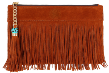 Suede fringe clutch with gold chain and beaded tassel isolated on transparent background