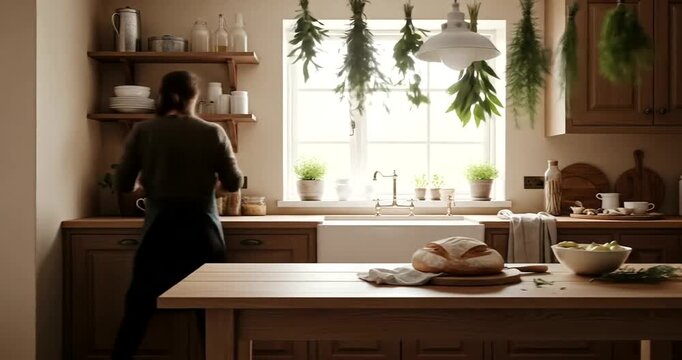 A rustic, charming kitchen, showcasing warm wood tones and fresh herbs.