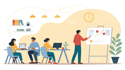Business professionals collaborating in a modern office, engaged in a presentation with charts and graphs, representing teamwork, strategy, and corporate growth.