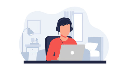 Person with headphones focused on a laptop in a modern home office setting. Ideal for concepts of remote work, online education, or virtual communication.