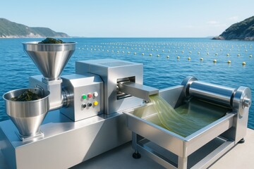 Fototapeta premium Industrial seaweed processing machine with liquid extraction system operating outdoors near ocean on a bright day with mountain background. Ai generative. Ai generative