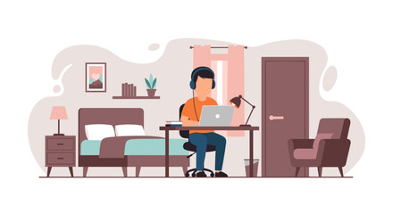 Person working or studying on a laptop at a home desk in a cozy bedroom setting. Ideal for remote work, online education, or digital lifestyle concepts.