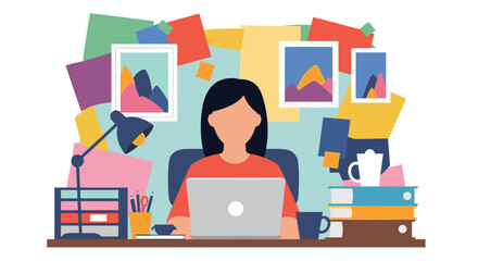 Focused woman working on a laptop in a vibrant, creative home office setting. Ideal for remote work, business, or freelance lifestyle concepts.