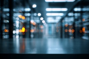Glossy black tabletop in sharp focus with blurred datacenter servers in the background, ideal for AI, IT and technology themes.