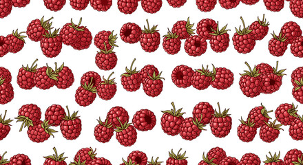 A seamless pattern of ripe, red raspberries with green stems and leaves, presented on a white background.