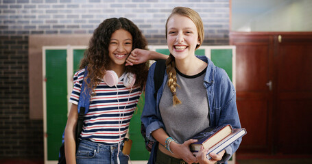 High school students, friends or happy with portrait for education, learning support or scholarship. Teenager, girls and smile with textbooks in hallway for study break, development and class recess