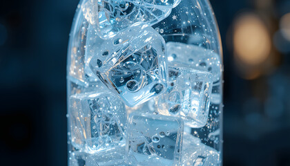 Refreshing ice cubes in a glass bottle sparkle with condensation against