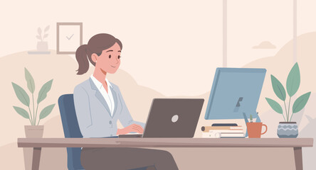 Professional woman working on a laptop at a modern office desk with a monitor and plants. Represents productivity, remote work, and business.