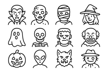 Collection of spooky character illustrations for Halloween festivities and decorations